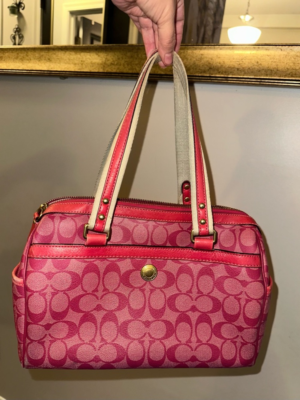 Coach Pink Signature Stripe Satchel with Cream Accents - Picture 2 of 8
